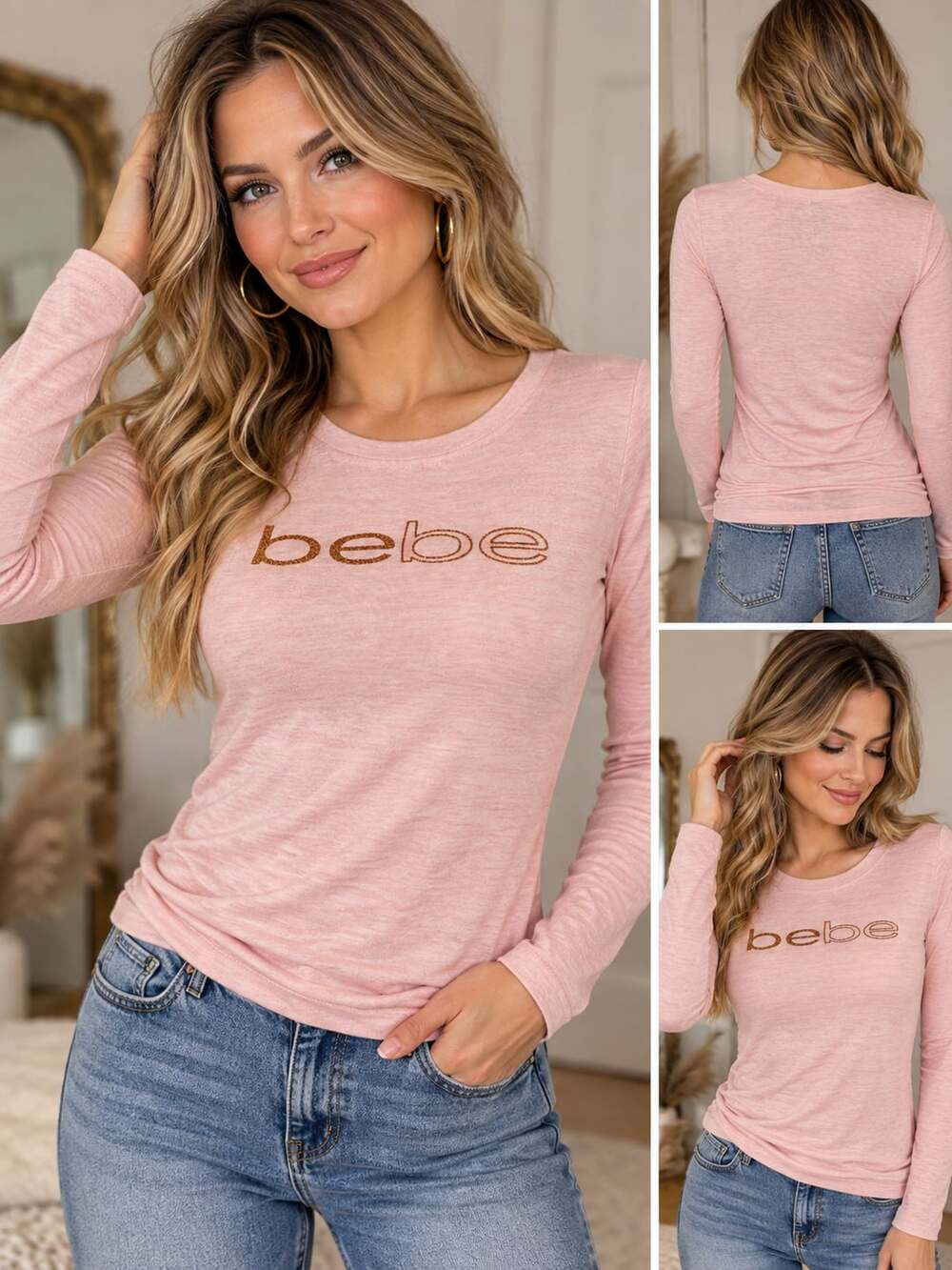 bebe Sleepwear Long Sleeve Top Size M Pink Glitter Logo Scoop Neck